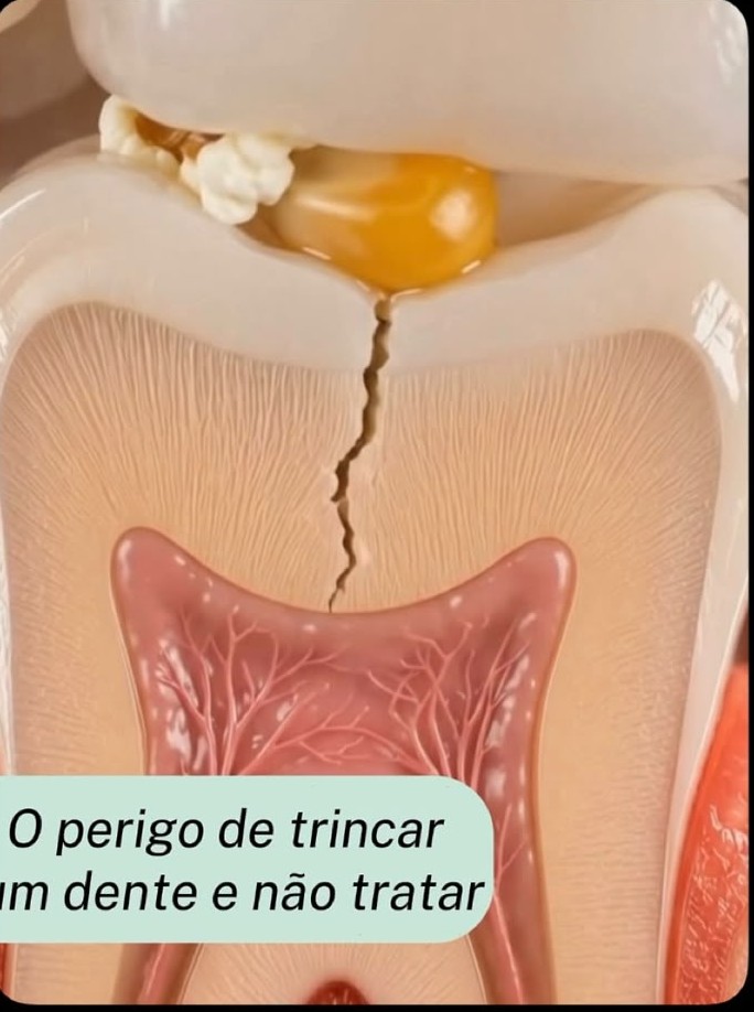 Ilustração mostrando o perigo de trincar um dente e não tratar, com fissura chegando à polpa